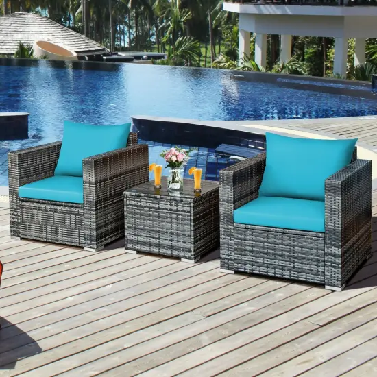 3 Pcs Patio Rattan Furniture Bistro Sofa Set with Cushioned Turquoise {2}