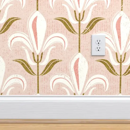Pre-Pasted Wallpaper 2FT Wide Pink Floral Fleur-De-Lis Lily Retro Flowers White Fresco Large Scale Custom Pre-pasted Wallpaper by Spoonflower {4}
