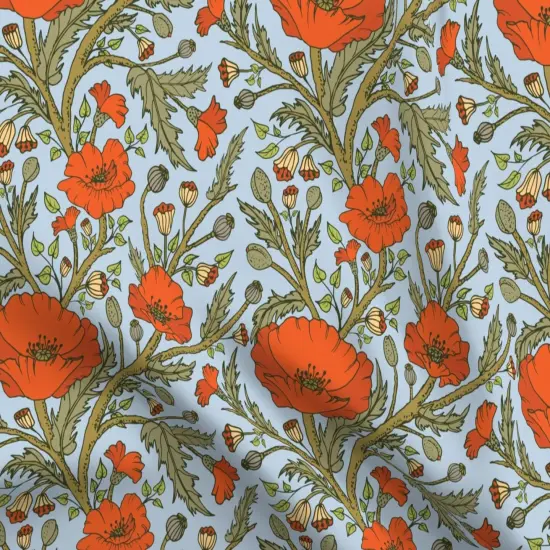 Various Fabrics by the Yard or Fat Quarter Red Poppies Blue Green Hand Drawn Floral Vines Custom Printed Fabric by Spoonflower {5}