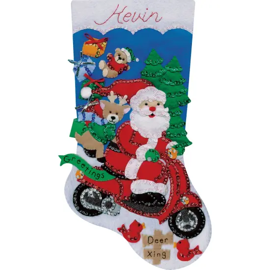 Design Works Felt Stocking Applique Kit 18" Long-Scooter Santa {2}