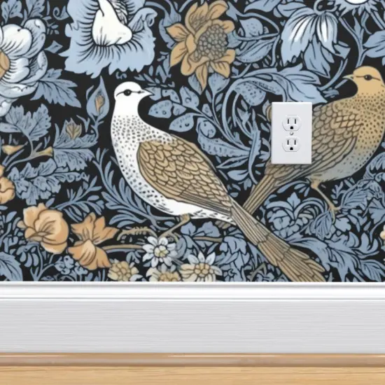 Peel & Stick Wallpaper 2FT Wide Blue Victorian Damask Art Nouveau Love Birds Floral Botanical Large Scale Baroque Nature Doves Custom Removable Wallpaper by Spoonflower {4}