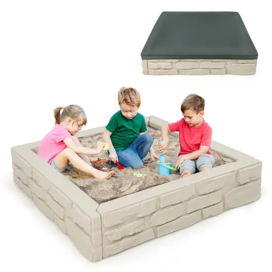 Costway Kids Sandbox with Cover Bottom Liner Backyard Beach HDPE Sandpit for Outdoor Play Brown/White/Gray {2}