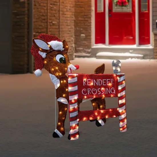 Northlight LED Lighted Rudolph Reindeer Crossing Outdoor Christmas Sign - 36" - Warm White Brown {3}