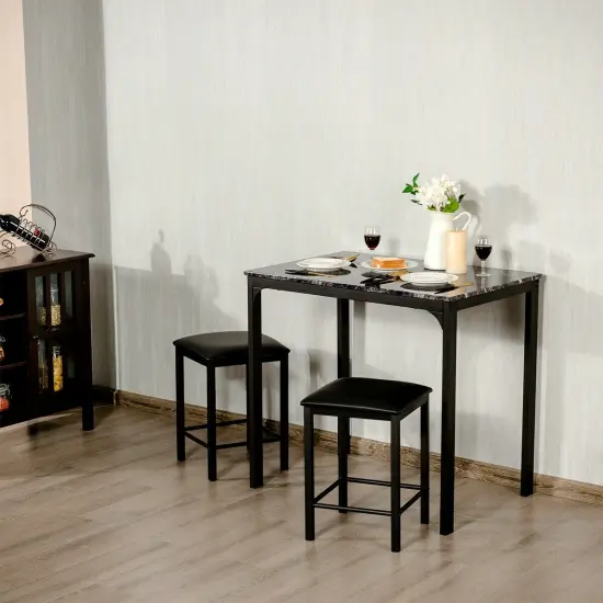 3 Piece Counter Height Dining Set Faux Marble Table Black {2}