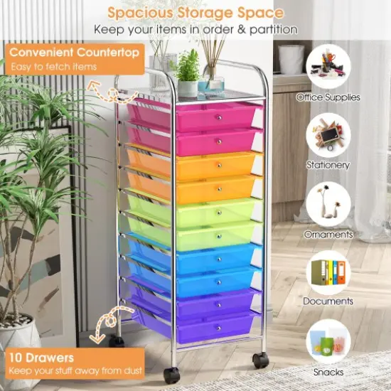 10-Drawer Rolling Storage Cart with Lockable Wheels and Steel Frame for Home or Office Use Clear Multicolor {3}