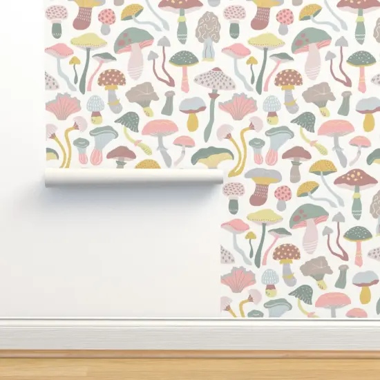 Pre-Pasted Wallpaper 2FT Wide Neutral Mushrooms Neutral Pink Green Kids Baby Nursery Gender Custom Pre-pasted Wallpaper by Spoonflower {2}