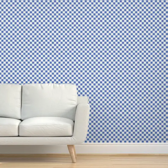 Pre-Pasted Wallpaper 2FT Wide Blue Geometric Hand-Drawn Stamp Checkered Checks Block Print Medium Scale Race Rally Finish Flag Custom Pre-pasted Wallpaper by Spoonflower {5}