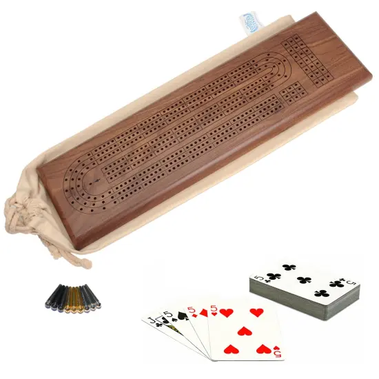 WE Games Deluxe Cribbage Set - Solid Wood Continuous 3 Track Board with Easy Grip Pegs, Deck of Cards & Canvas Storage Bag {6}