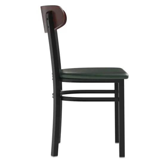 Emma and Oliver Yara Industrial Dining Chair with Rolled Steel Frame and Solid Wood Seat - 500 lbs. Static Weight Capacity WalnutBack/GreenVYL {5}