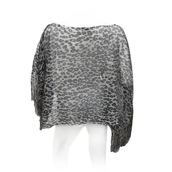 Black And Gray Metallic Leopard Print Lightweight Poncho {5}