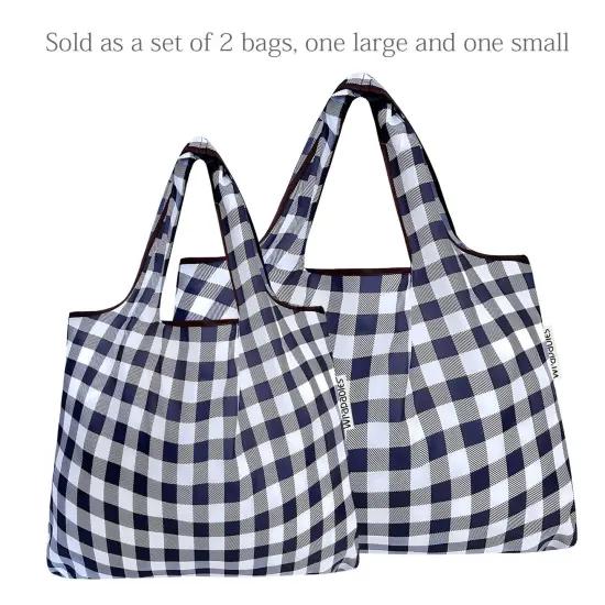 Wrapables Large & Small Foldable Tote Nylon Reusable Grocery Bags, Set of 2 Black Checkers {3}