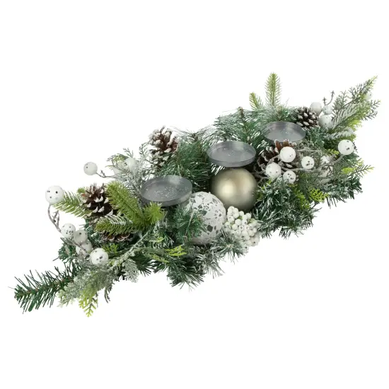 Northlight Frosted Pine and Pinecones with Laced Ornaments Christmas Triple Candle Holder - 32" White {5}