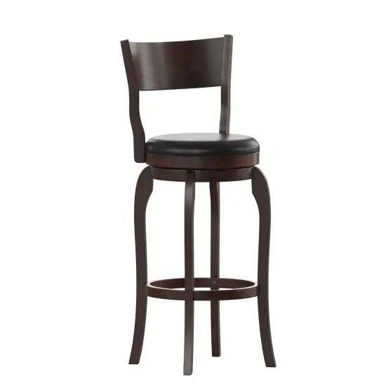 Merrick Lane Tally 30" Classic Wooden Open Back Swivel Bar Height Pub Stool with Upholstered Padded Seat and Integrated Footrest Espresso/Black {1}