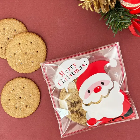 Wrapables Transparent Self-Adhesive 4" x 4" Candy and Cookie Bags, Favor Treat Bags for Christmas Parties and Holidays (200pcs) Snowflakes & Santa {4}