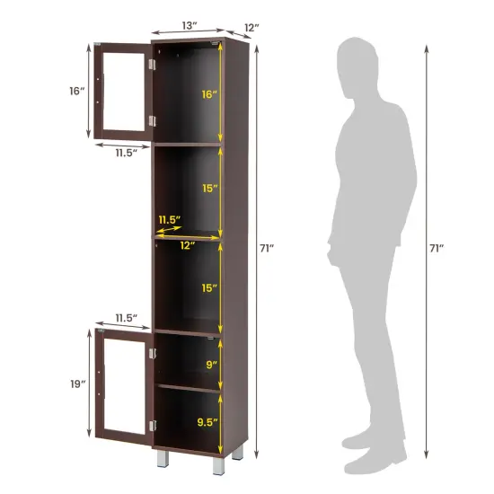 71 Inch Tall Tower Bathroom Storage Cabinet and Organizer Display Shelves for Bedroom Grey {5}