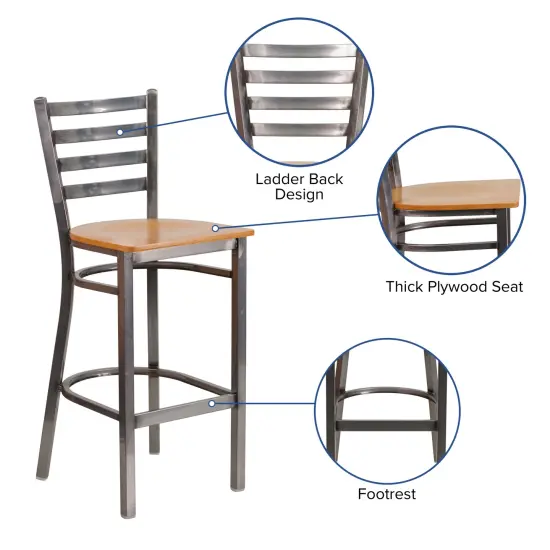 Emma and Oliver Clear Coated Ladder Back Metal Restaurant Dining Barstool Natural/ClearCoat {3}