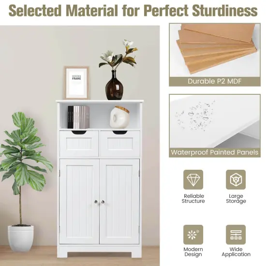 Bathroom Wooden Side Cabinet with 2 Drawers and 2 Doors White {6}