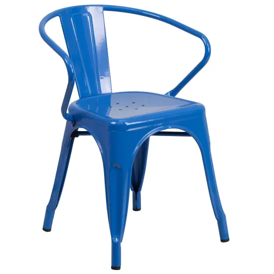 Emma and Oliver Commercial Grade Colorful Metal Indoor-Outdoor Chair with Arms Blue {1}
