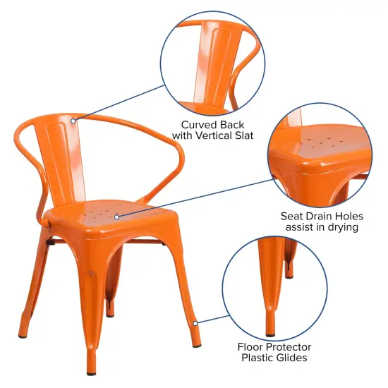 Emma and Oliver Commercial Grade Colorful Metal Indoor-Outdoor Chair with Arms Orange {2}