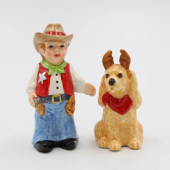 Ceramic Cowboy With Dog Salt & Pepper Shakers, Home D&eacute;cor, Gift for Her, Gift for Mom, Kitchen D&eacute;cor, Dog Lover Gift, Pet Loss Gift {2}