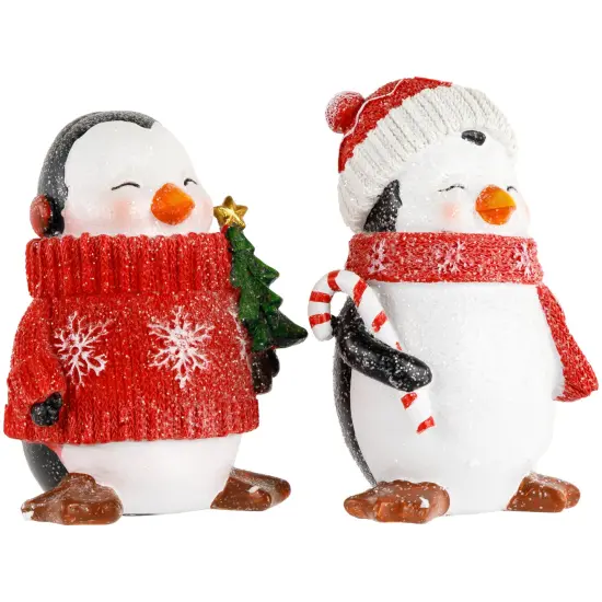 Northlight Glittered Penguins with Sweater and Scarf Christmas Figurines - 6" - Set of 2 Red {6}