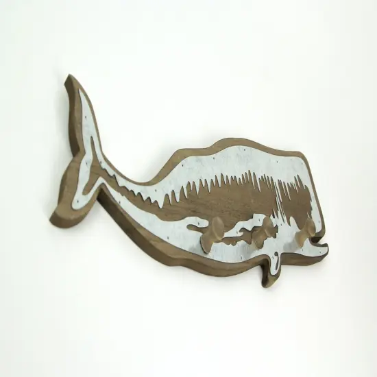 21 Inch Distressed Wood Whale Wall Hook Rack With Metal Accents {4}