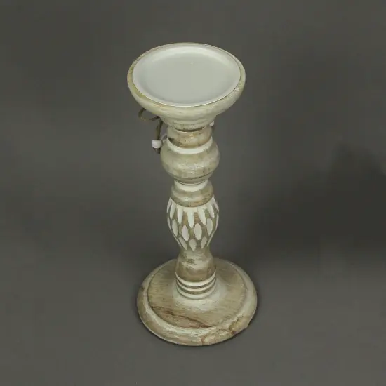 11 Inch Wood Pedestal Candle Holder Rustic White Washed Pillar With Sea Shells {5}