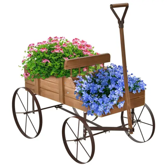 Rustic Wooden Wagon Planter with Metal Wheels Small Garden Cart for Flowers Outdoor Decor Brown {4}
