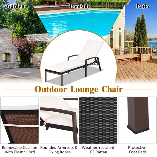 Costway Patio Rattan Lounge Chair Recliner Back Adjustable Cushioned Garden Brown {6}