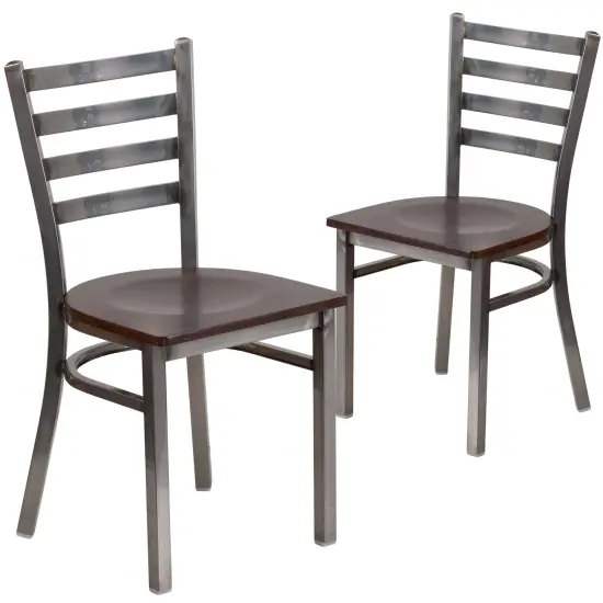 Emma and Oliver 2 Pack Clear Coated Ladder Back Metal Restaurant Chair Walnut/ClearCoated {1}