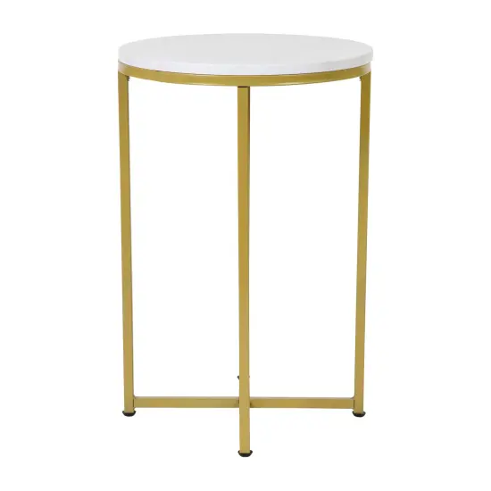 Merrick Lane Fairdale End Table with Round Cross Brace Frame WhiteMar/BrushGold {3}