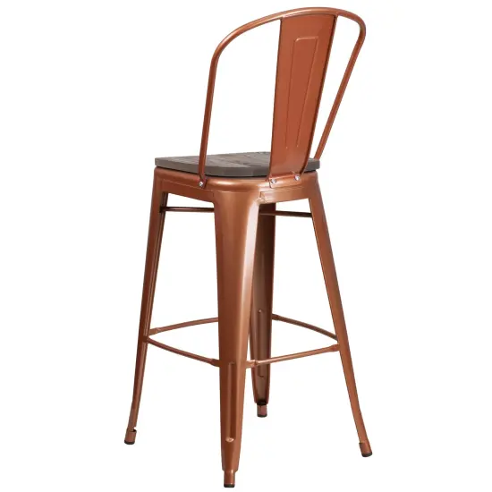 Merrick Lane Sarah 30" Metal Indoor-Outdoor Counter Stool with Vertical Slat Back, Integrated Footrest and Wood Seat Copper {3}