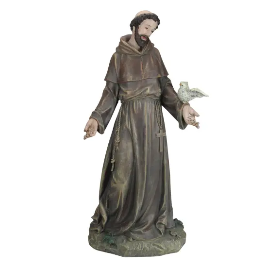 Roman 25"Outdoor Weathered Saint Francis Statue Holding Dove Bronze {1}