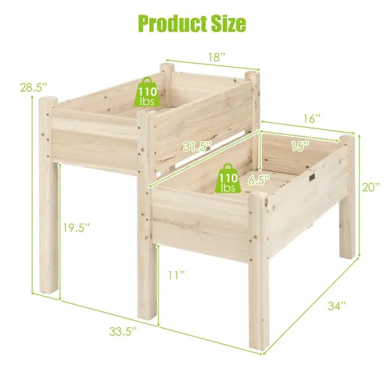 2 Tier Wooden Raised Garden Bed with Multiple Draining Holes Suitable for Yards or Porches Natural {4}