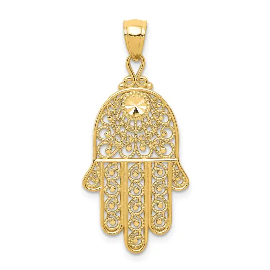 14K Yellow Gold Filigree Chamseh Pendant Charm Jewerly 36mm x 16mm {1}