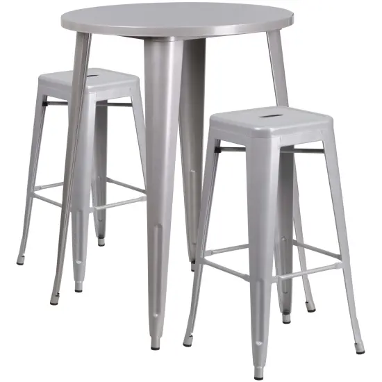 Emma and Oliver Commercial Grade 30" Round Metal Indoor-Outdoor Bar Table Set, 2 Backless Stools Silver {1}
