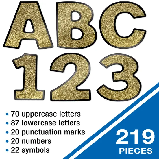 Carson Dellosa 219-Piece Gold Glitter Cutout Letters, 4" Upper and Lowercase Alphabet, Numbers, Punctuation, and Symbols for Bulletin Board, Posterboard, Party, and Classroom Decor {4}