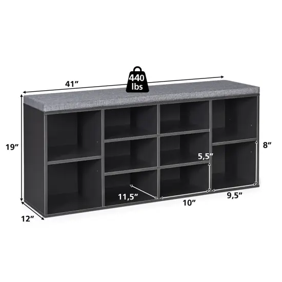 10-Cube Organizer Entryway Padded Shoe Storage Bench Grey {4}