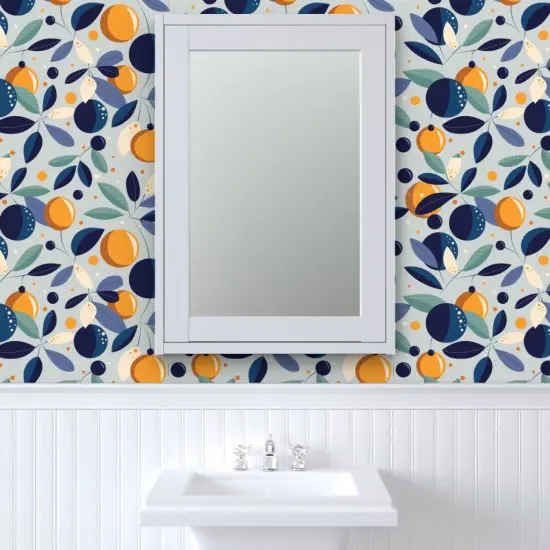 Pre-Pasted Wallpaper 2FT Wide Blue Floral Oranges Citrus Garden Mid-Century Botanical Moonlight Tuscan Mediterranean Large Scale Custom Pre-pasted Wallpaper by Spoonflower {6}