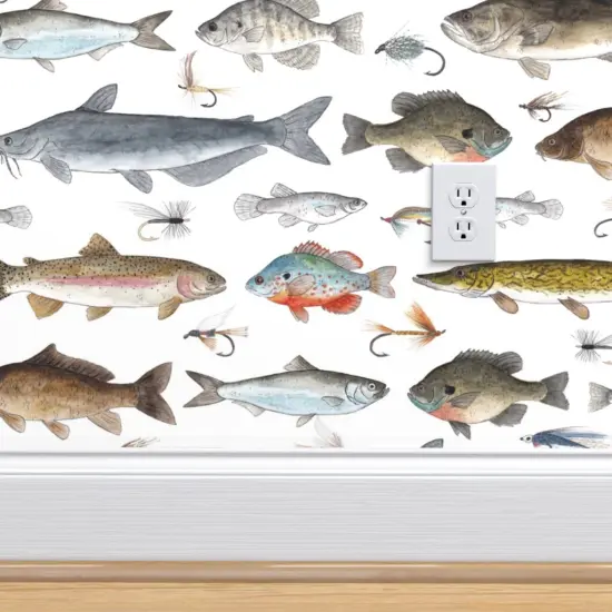 Peel & Stick Wallpaper 2FT Wide Fish Fishing Salmon Cabin Trout Fisherman Lures Sunfish Tackle Crappie Stream Muskie Sturgeon Custom Removable Wallpaper by Spoonflower {4}