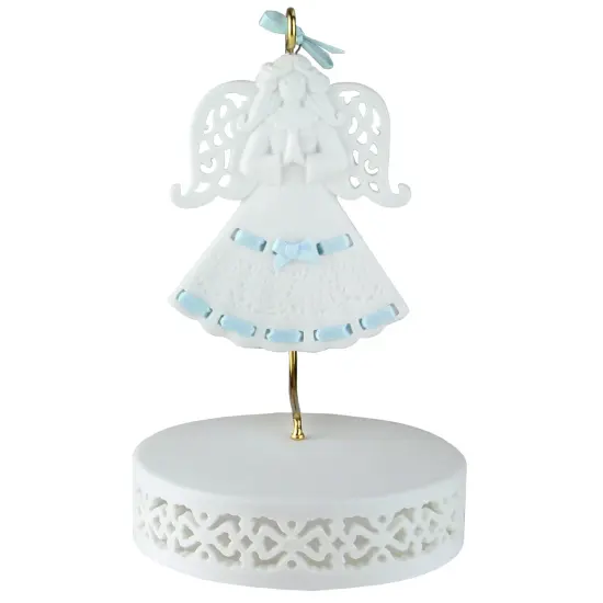 Roman Blue Ribbon Porcelain Angel Ornament With Hanger and Base #46721B White {1}