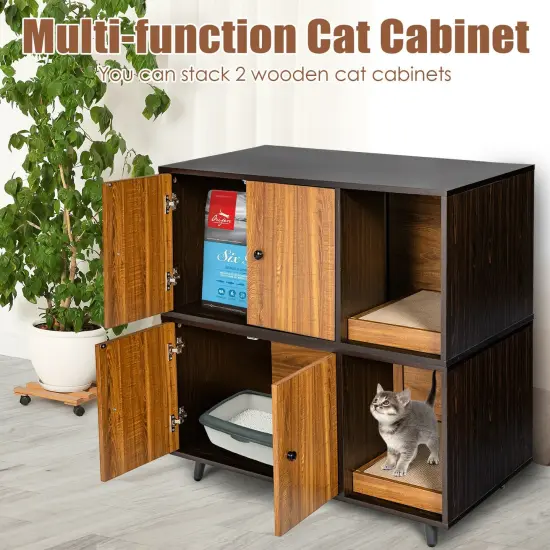 Cat Litter Box Enclosure with Divider and Double Doors Coffee {2}