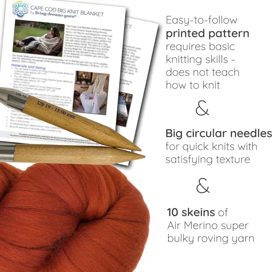DIY Merino Wool Blanket Knitting Kit: Soft and Thick #7 Weight Jumbo Yarn, Knitting Needles and Pattern. Soft, Cozy, Great for Gifts Rust {2}