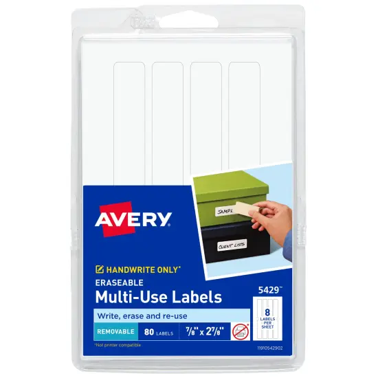 Avery Erasable Multi-Use Removable Labels, 7/8" x 2-7/8", White, Non-Printable, 80 Blank Labels Total (5429) {1}