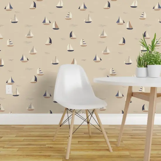 Pre-Pasted Wallpaper 2FT Wide Beige Boats Nautical Sailing Gender Neutral Coastal Seaside Country Style Cottagecore Chic Beach Large Scale Custom Pre-pasted Wallpaper by Spoonflower {1}