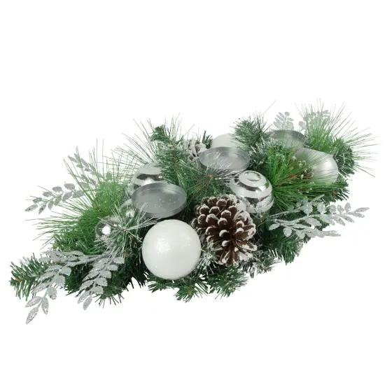 Northlight 30" Green Pine and Needle Triple Candle Holder with Pinecones and Christmas Ornaments White {5}