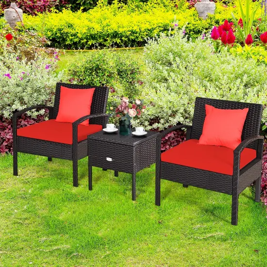 3 Piece PE Rattan Wicker Sofa Set with Washable and Removable Cushion for Patio Red {2}