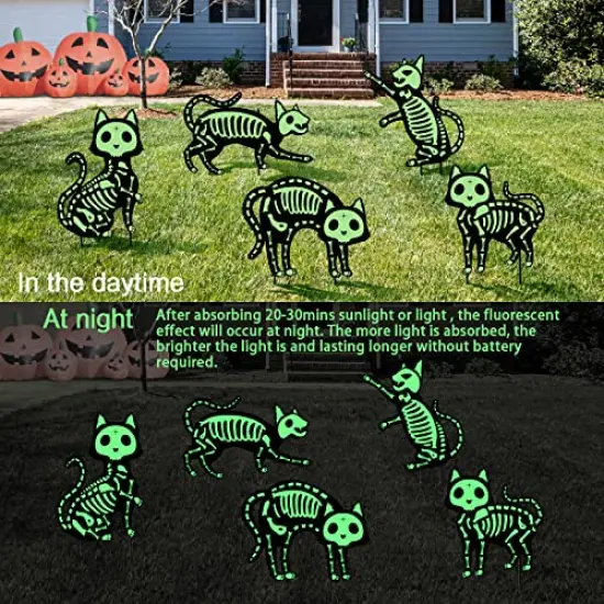 Outdoor Halloween Decorations Yard Signs - 5pcs Glow in the Dark Skeleton Black Cat Silhouette Lawn Signs with Stakes for Halloween Lawn Garden Front Yard Decorations Outside {4}