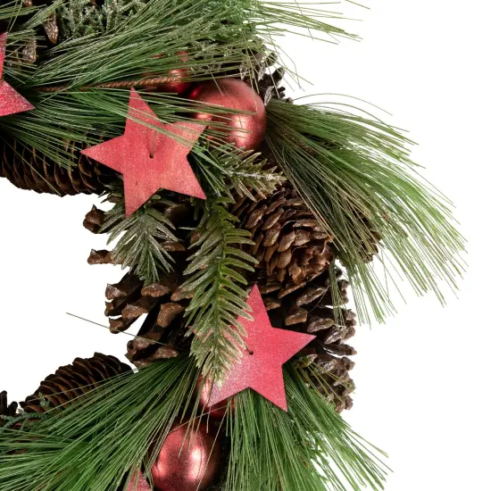 Northlight Real Touch&trade;️ Pine and Pinecone Artificial Christmas Wreath with Stars- 13.5" - Unlit Red {4}