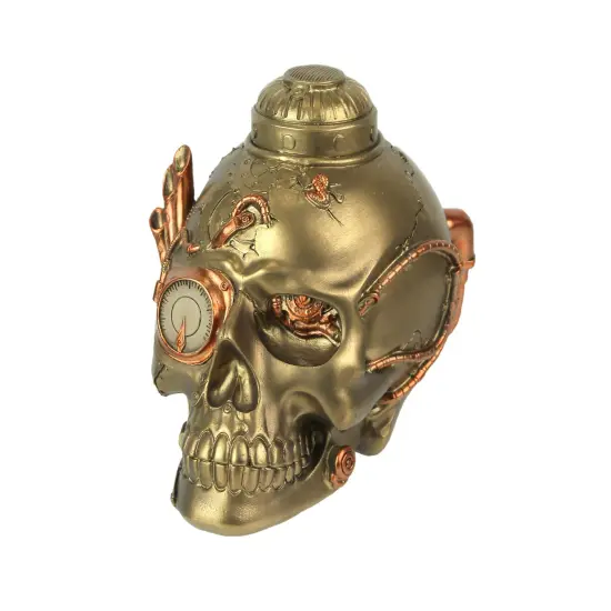 Antique Bronze Finish Retro-Futuristic Steampunk Human Skull Tabletop Statue {1}
